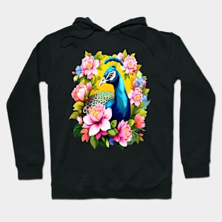 A Cute Peacock Surrounded by Bold Vibrant Spring Flowers Hoodie